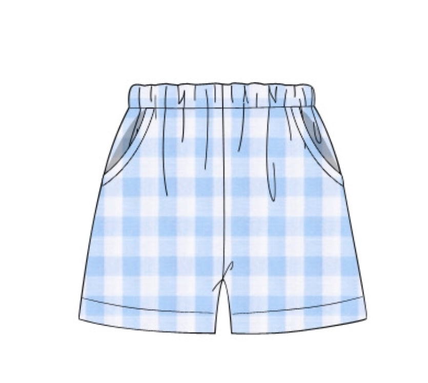 Boys light blue large gingham shorts