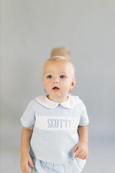 Small blue gingham custom smock BOY diaper set