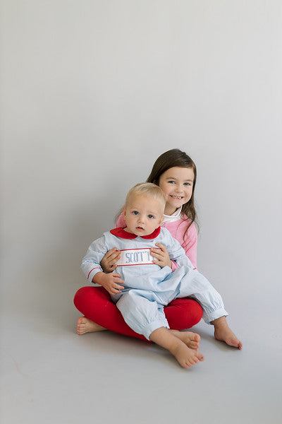 Boy blue gingham and red custom smock set