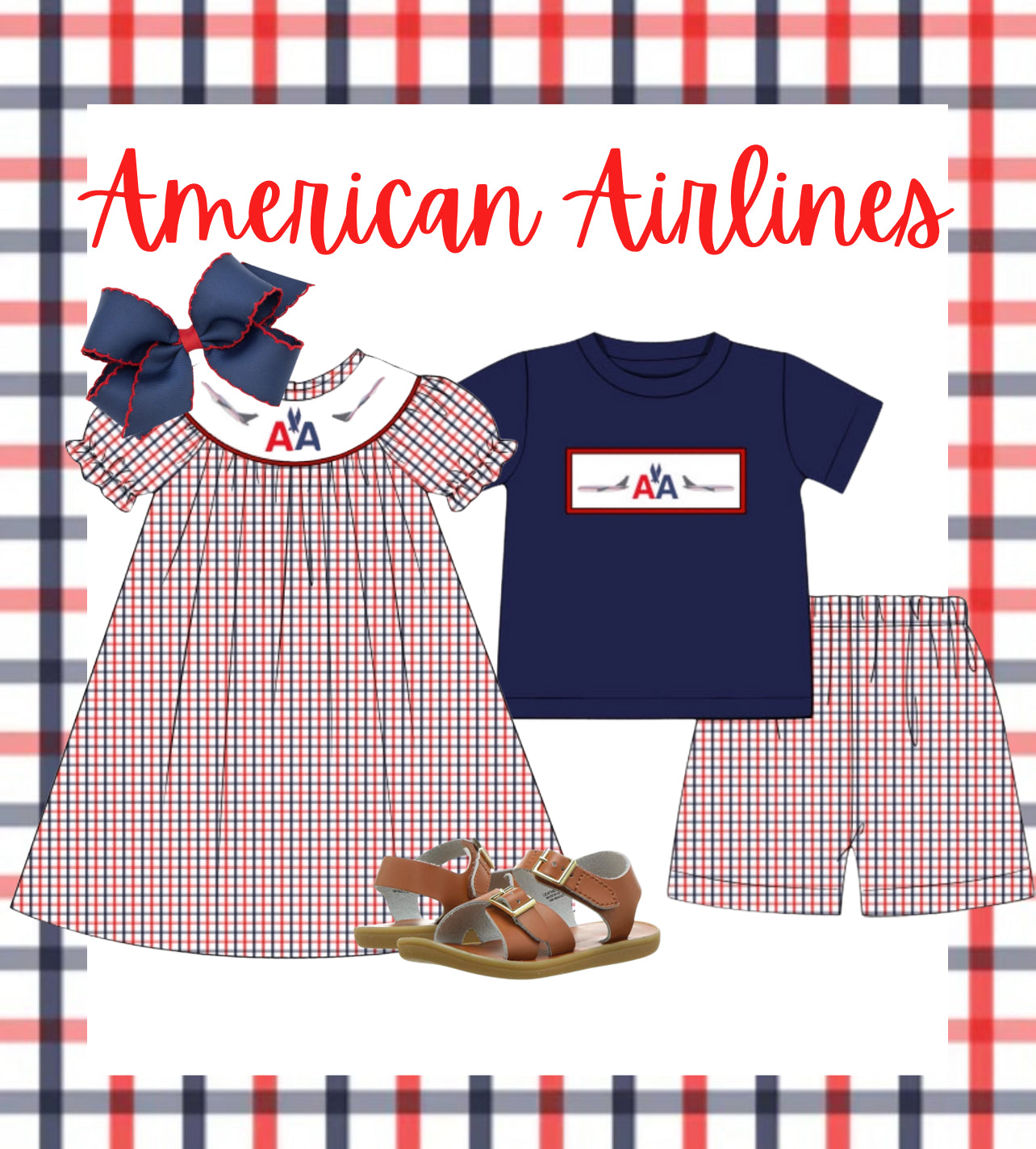 American Airlines boys custom hand smocked short set