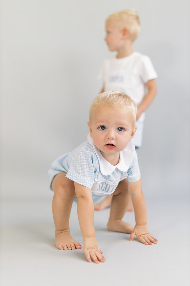 Small blue gingham custom smock BOY diaper set