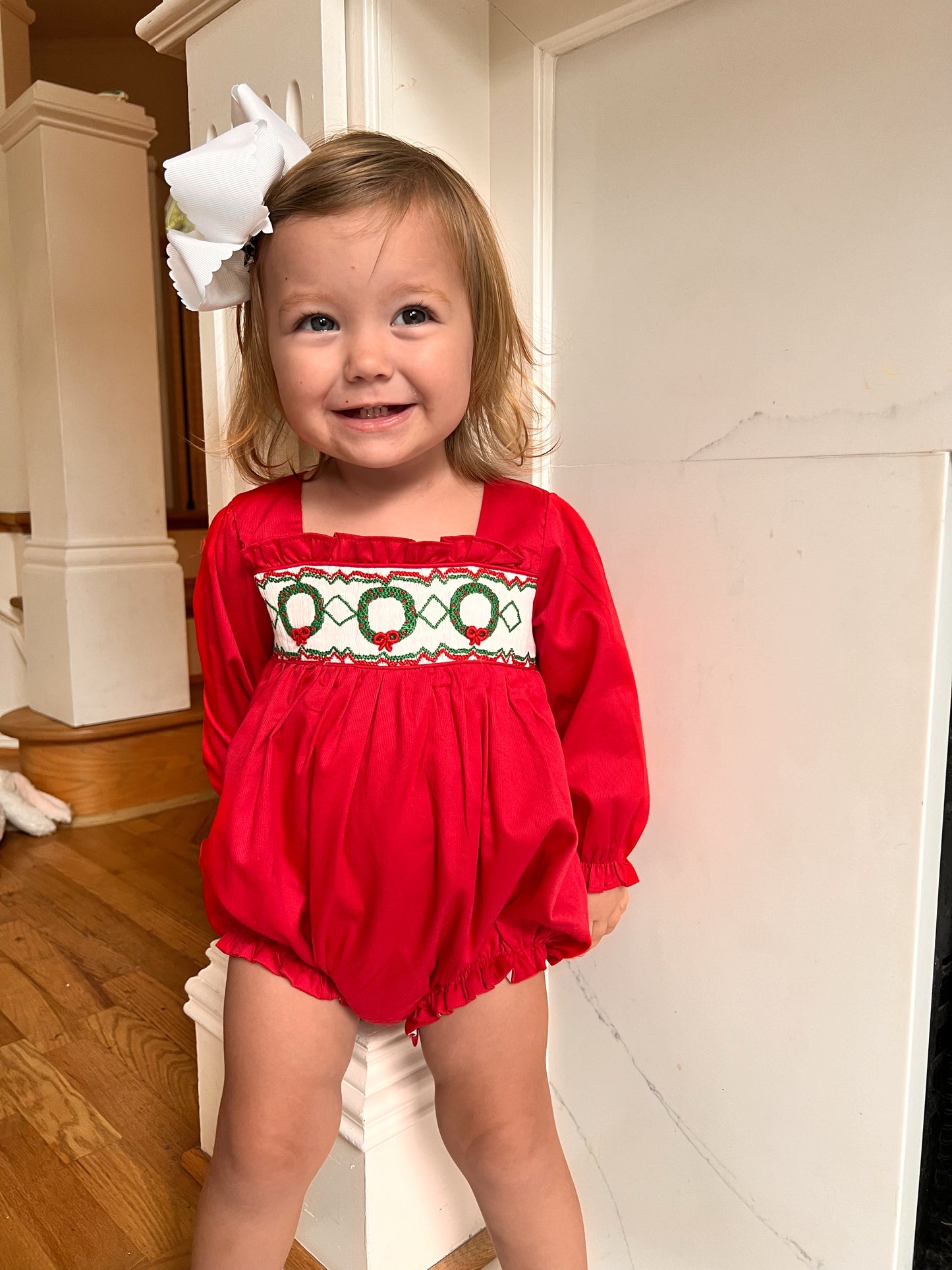 Red hand smocked wreath bubble
