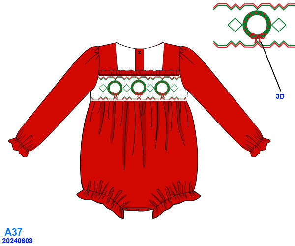 Red hand smocked wreath bubble