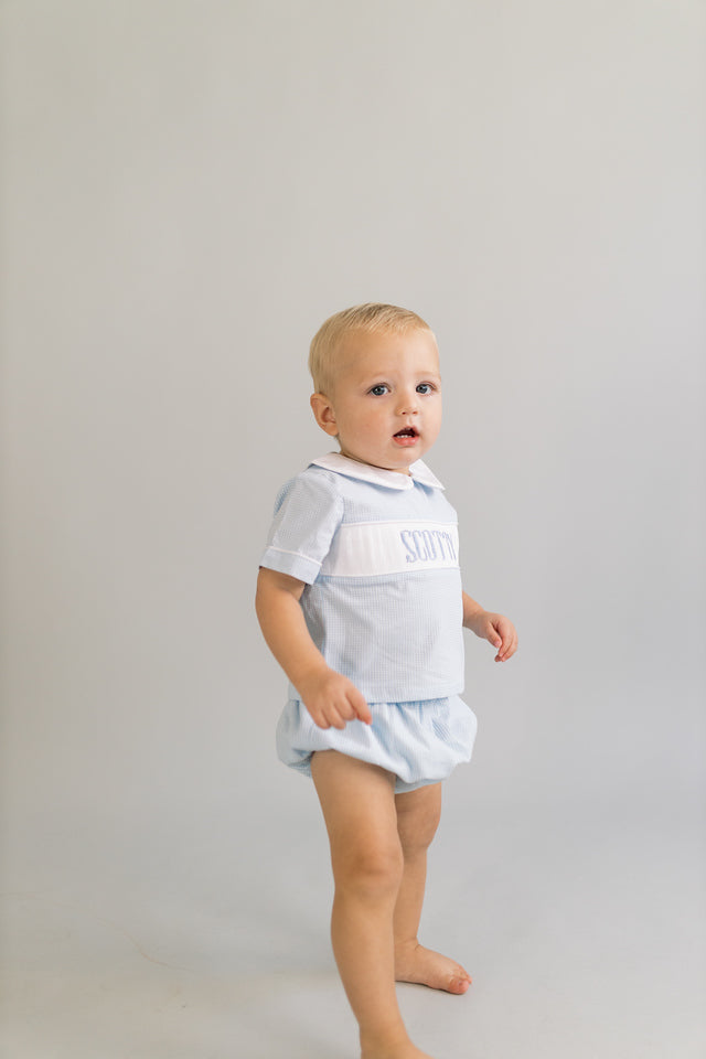 Small blue gingham custom smock BOY diaper set