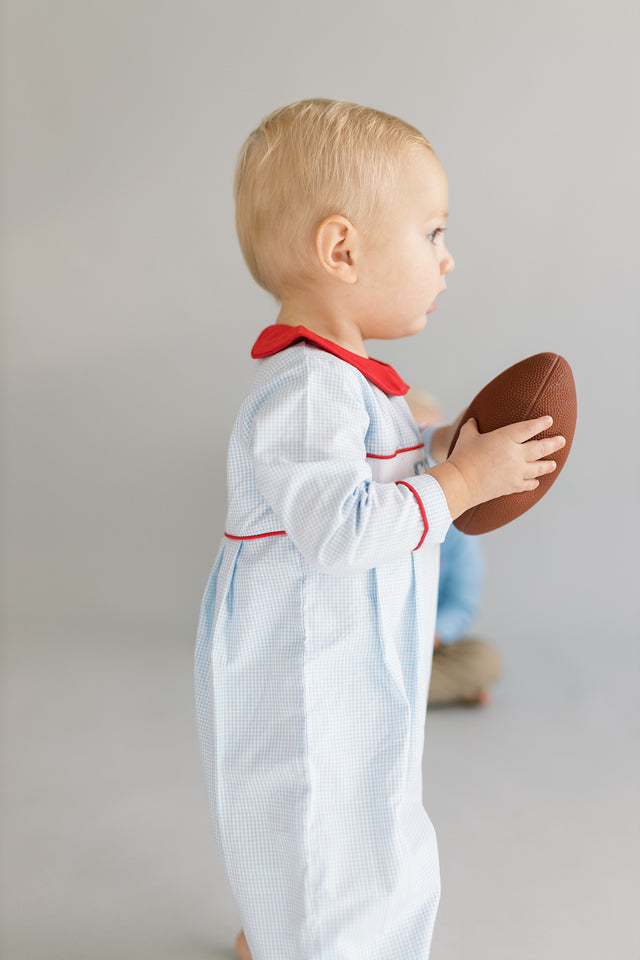 Boy blue gingham and red custom smock set
