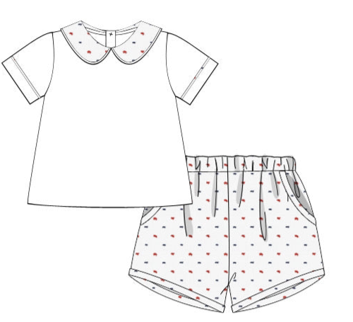 Red, white, and blue Swiss Dot short set