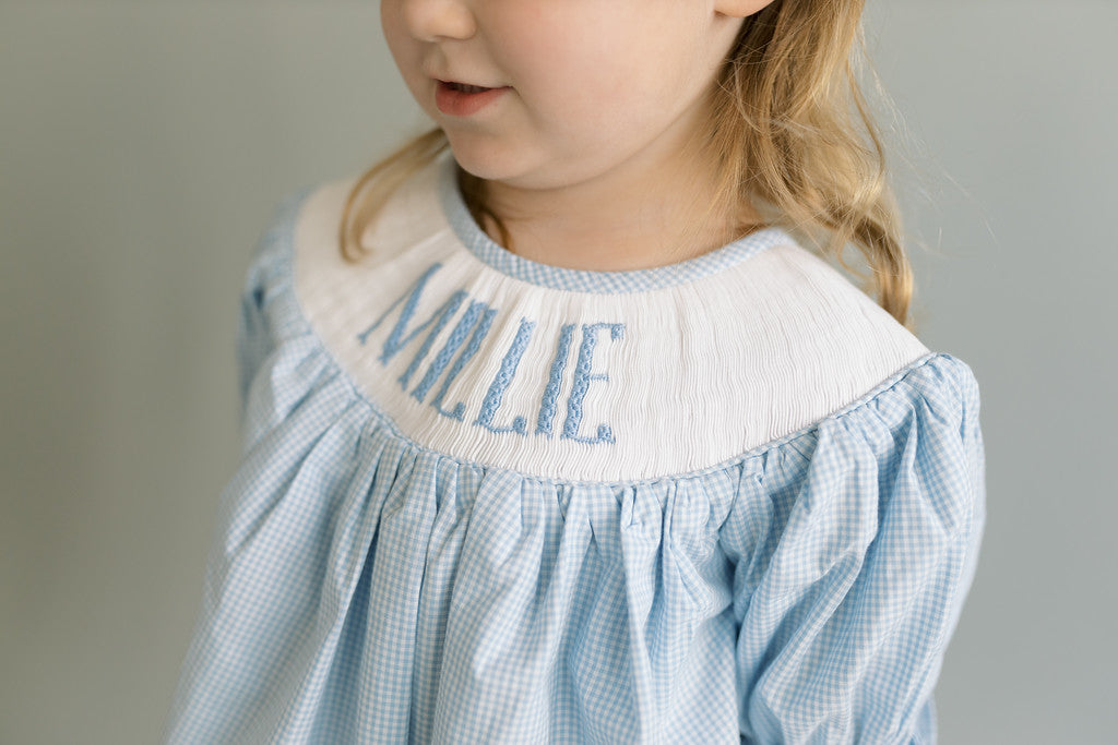 Small blue gingham custom smock diaper set