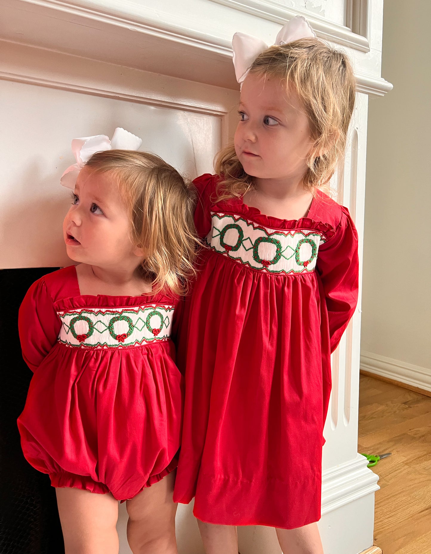 Red hand smocked wreath dress