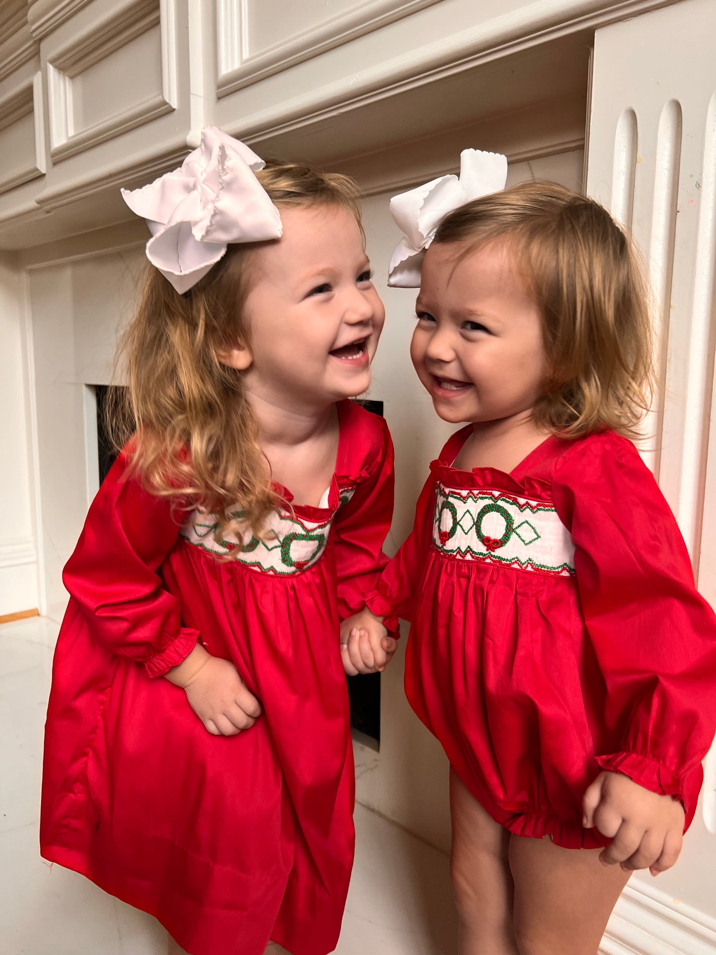Red hand smocked wreath dress