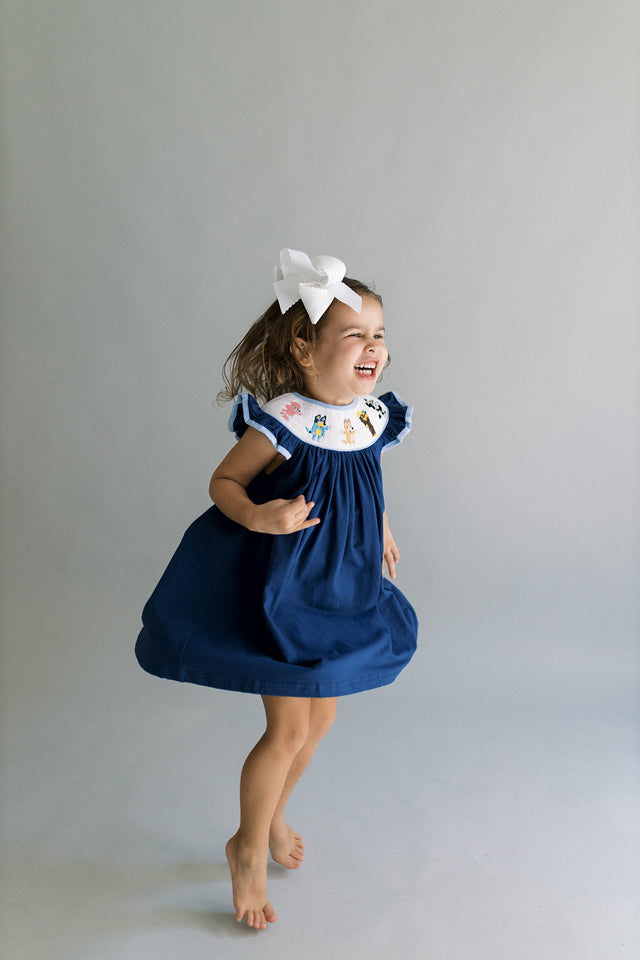 Blue dog and friends smocked dress