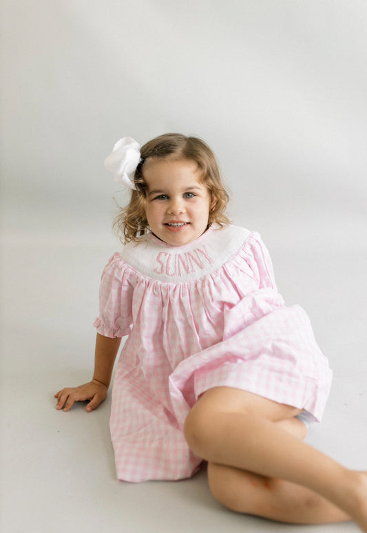 Pink gingham name smock dress