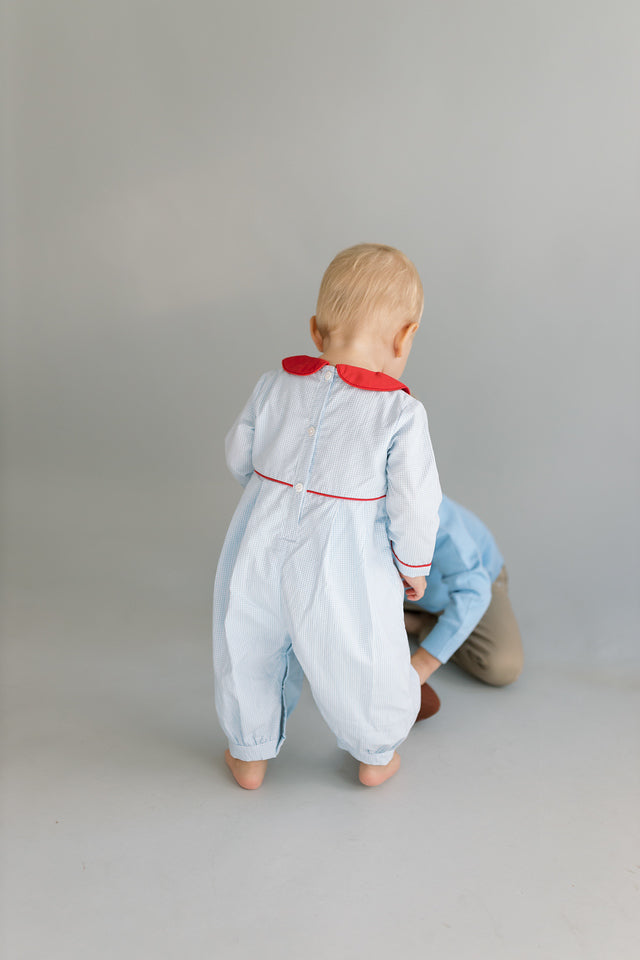 Boy blue gingham and red custom smock set