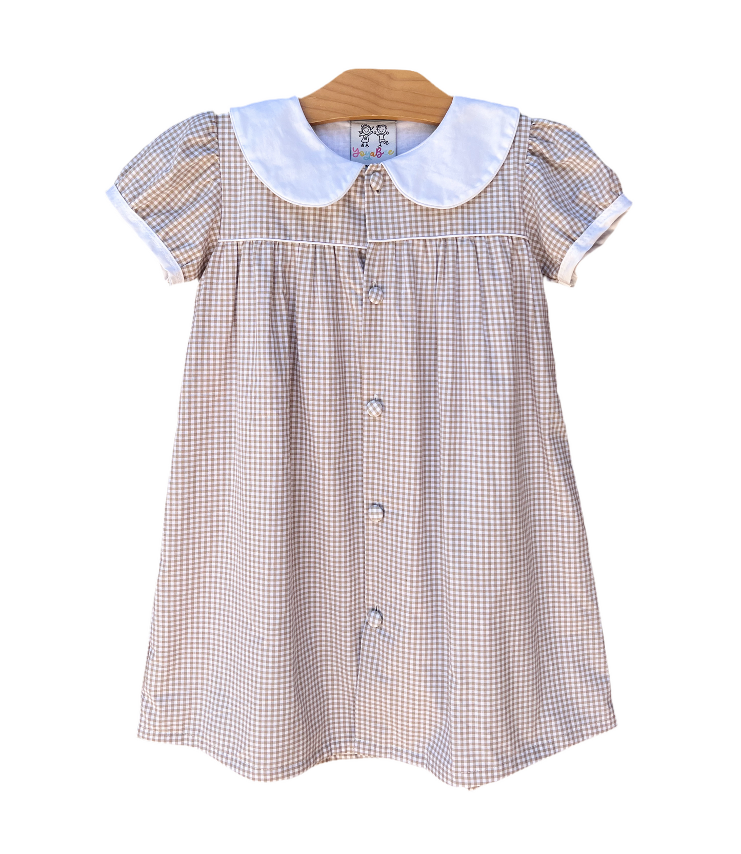 Tan gingham dress monogrammed collar