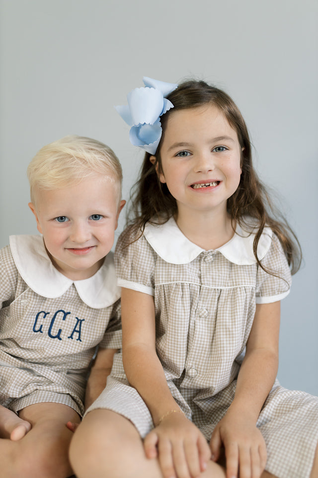 Tan gingham dress monogrammed collar