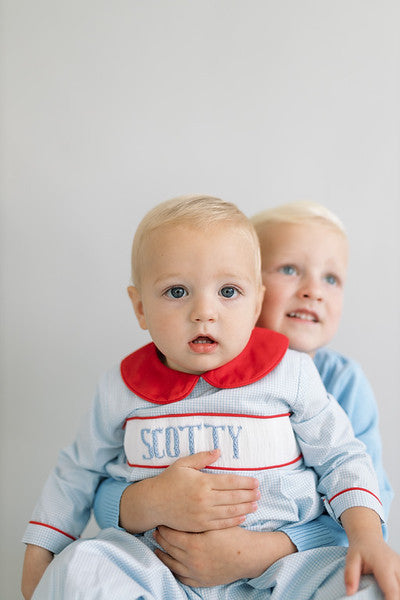 Boy blue gingham and red custom smock set