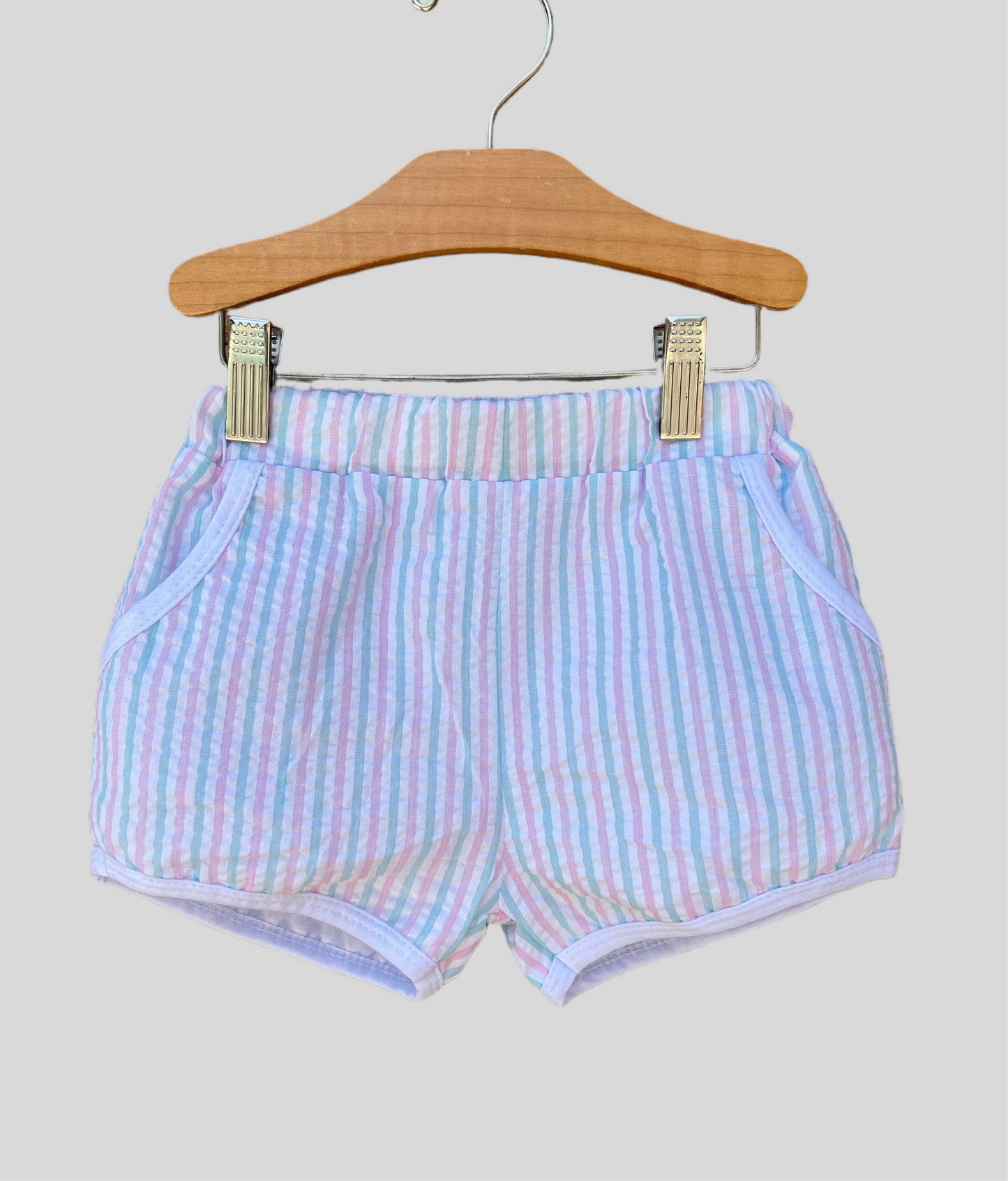 Boys seersucker pink and aqua shorts