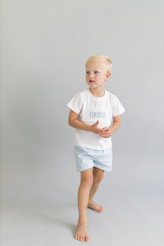 Small blue gingham custom boy short set