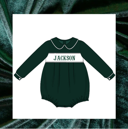 Boys Green velvet smocked bubble