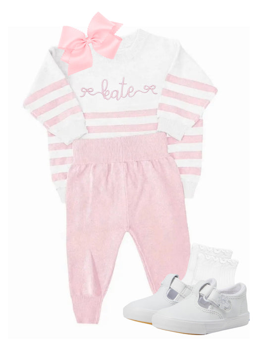 Pink and white organic cotton knit set
