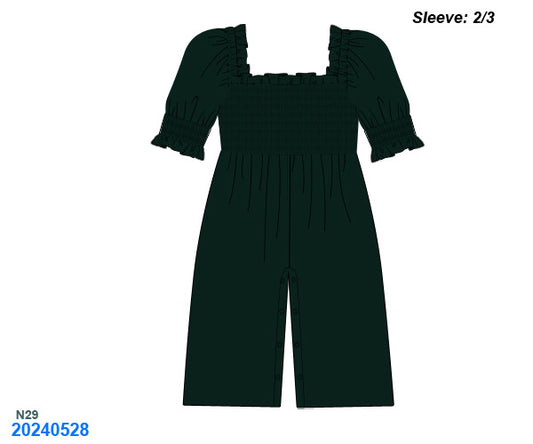 Green velvet smocked jumpsuit