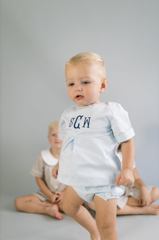 Boys pale blue and tan gingham diaper set