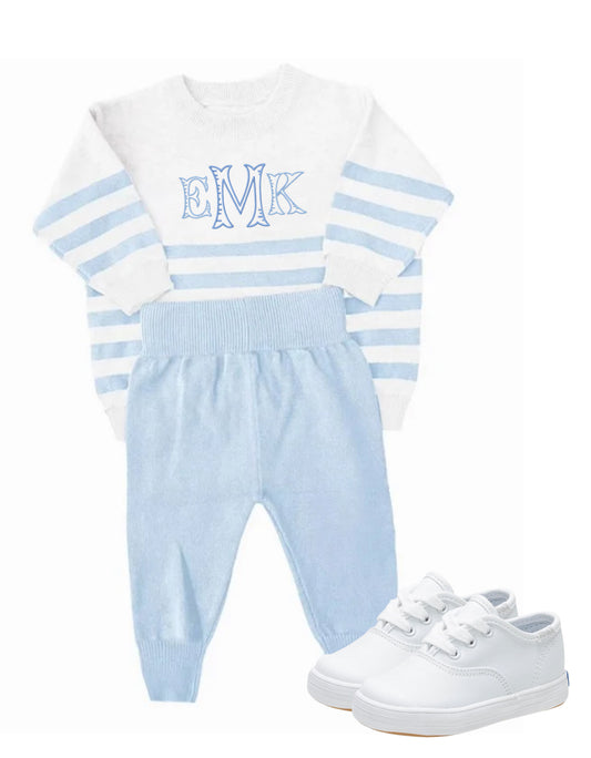 Blue and white knit organic cotton set