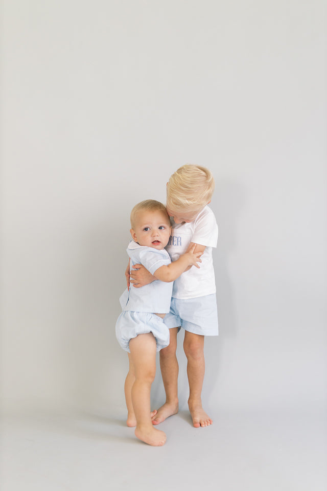 Small blue gingham custom boy short set