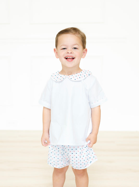 Red, white, and blue Swiss Dot short set