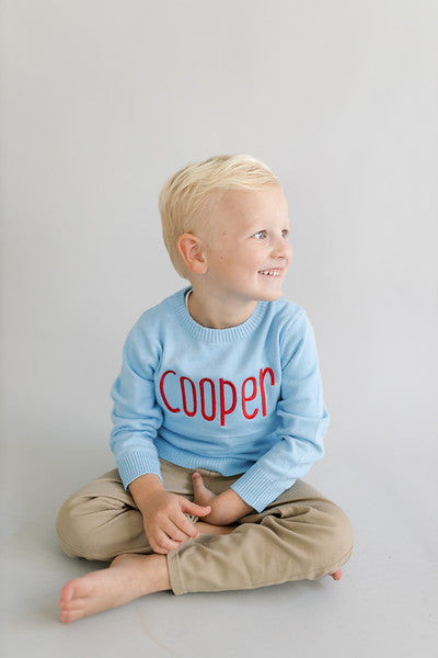 Boys monogramed blue and red sweater