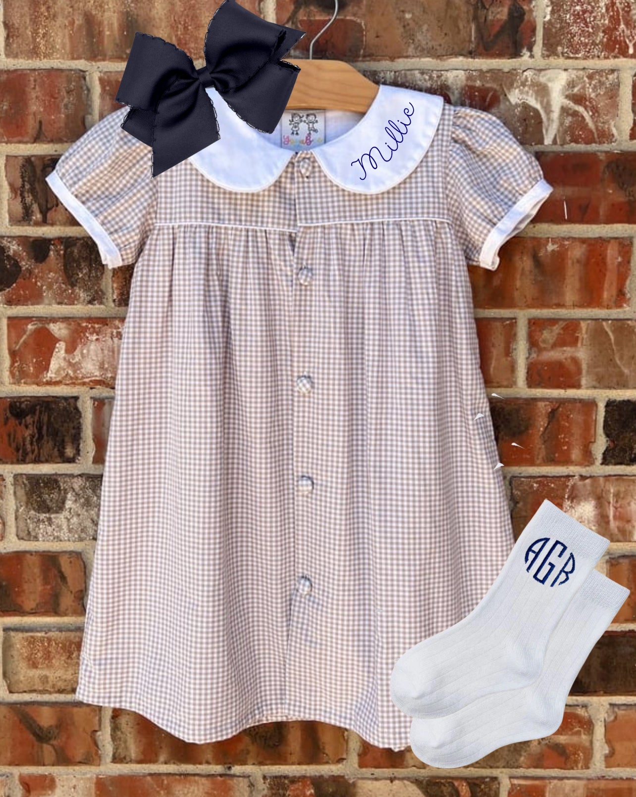 Tan gingham dress monogrammed collar