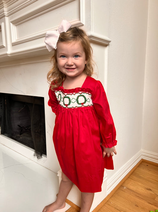 Red hand smocked wreath dress