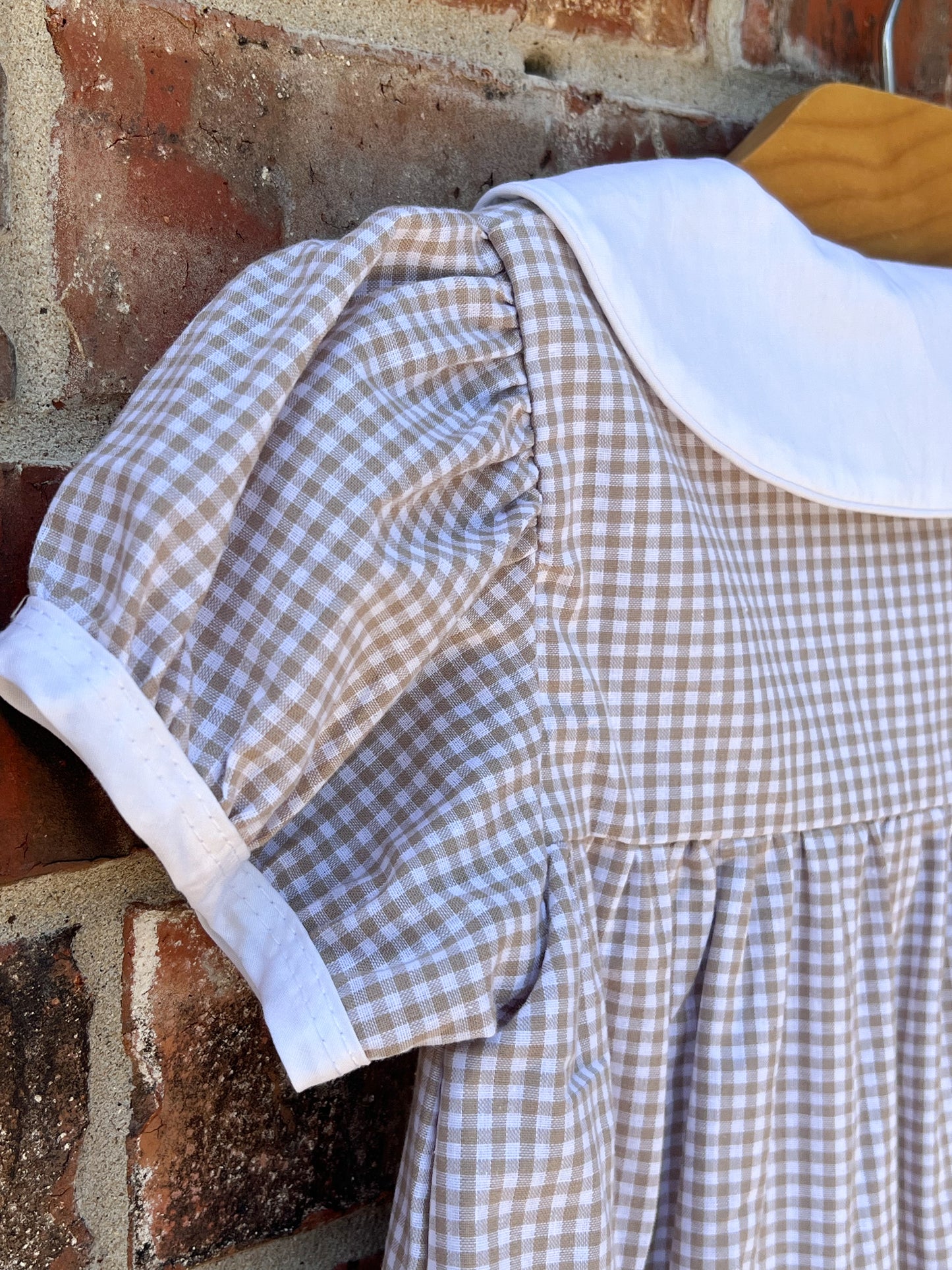 Tan gingham dress monogrammed collar