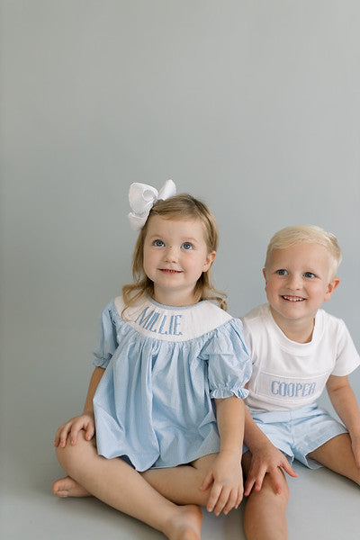 Small blue gingham custom smock diaper set