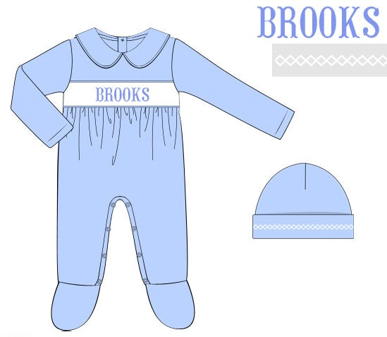 Pima cotton hand smocked footie matching hat