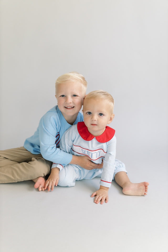 Boys monogramed blue and red sweater