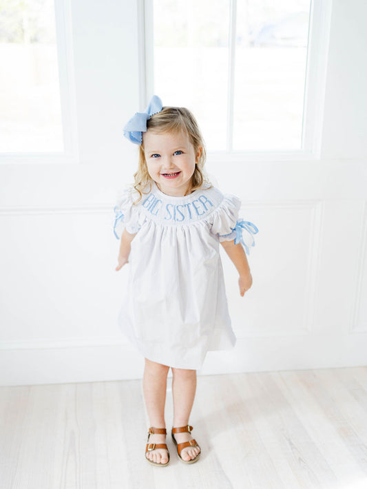 Blue big sister hand smocked dress