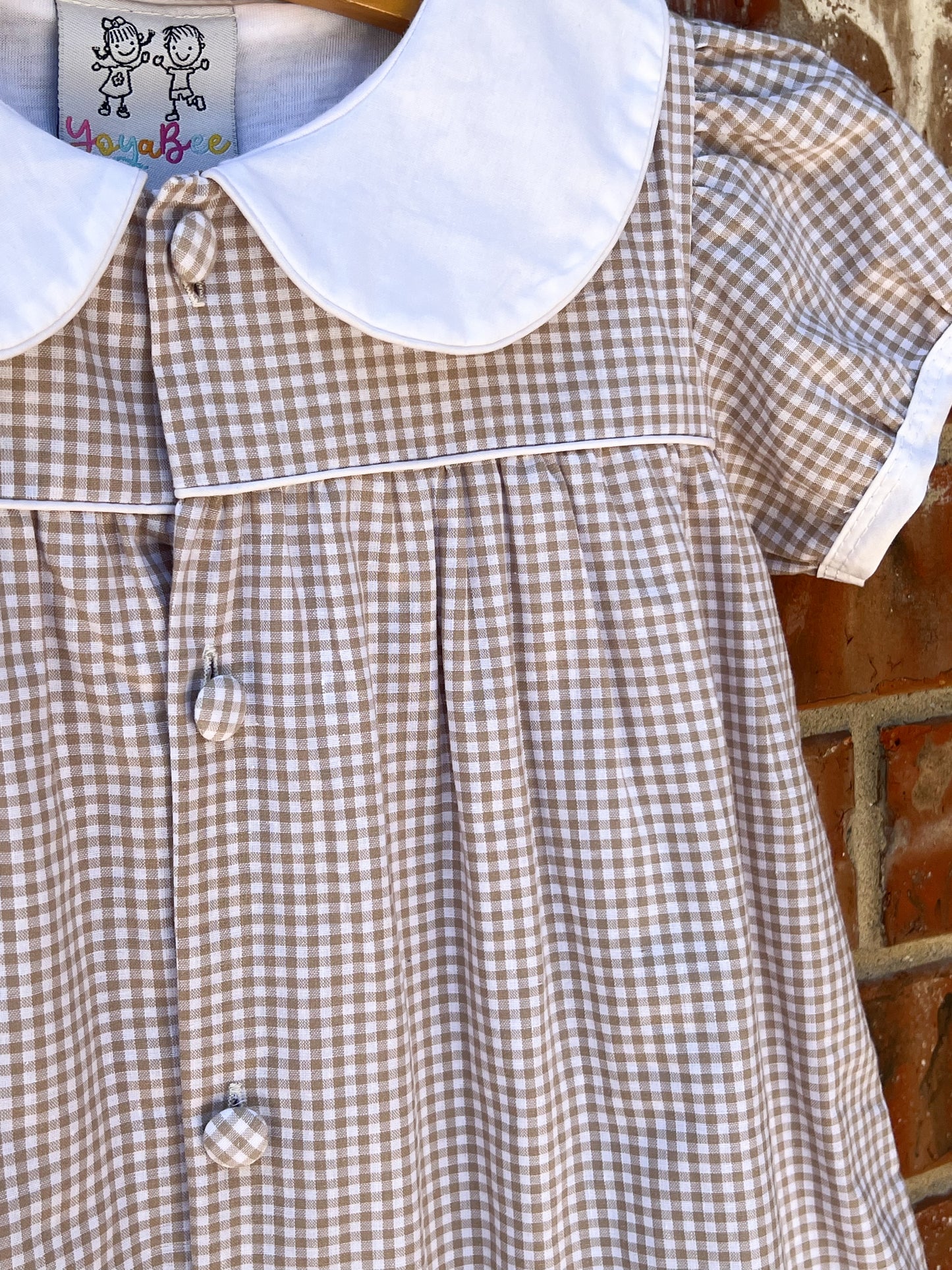 Tan gingham dress monogrammed collar