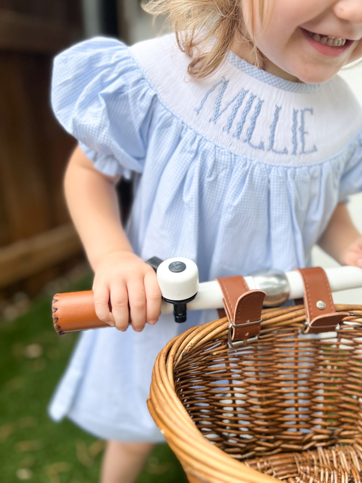 Blue gingham name smock dress