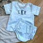 Boys pale blue and tan gingham diaper set